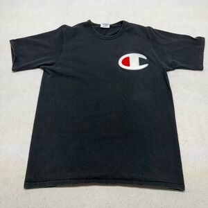 Champion Big C Patch Logo T-Shirt Black‎ XL Vintage Y2K Skater Streetwear Tee